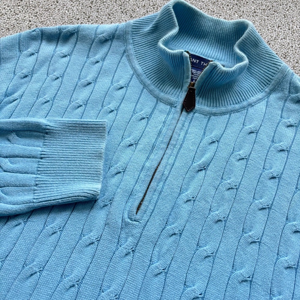Grant Thomas Quarter Zip Sweater Mens L Blue Cable Knit Preppy Classic Cozy